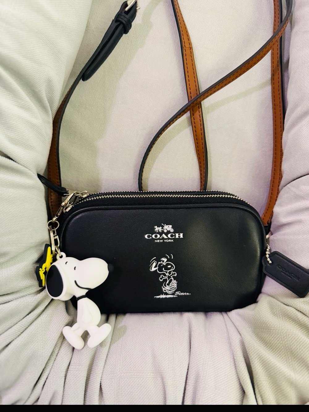 Coach Black Leather Messenger Crossbody with Snoopy Graphic and Tan Strap
